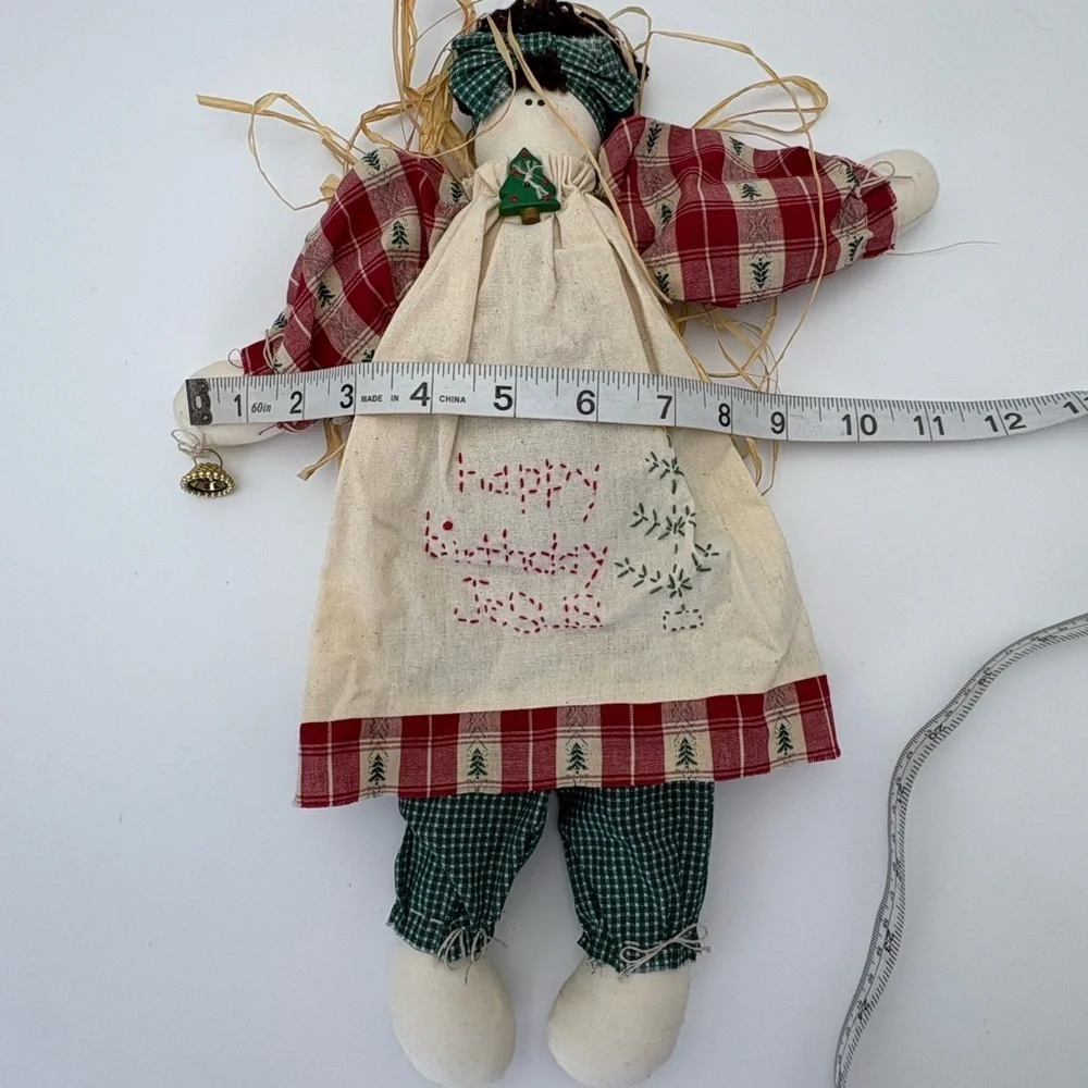 Festive Vintage Handmade Plaid Christmas Doll with “Happy Birthday Jesus”